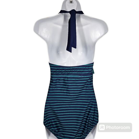 Penbrooke Women’s One Piece Halter Surplice Navy & Teal Striped Swimsuit Size M - Picture 6 of 14